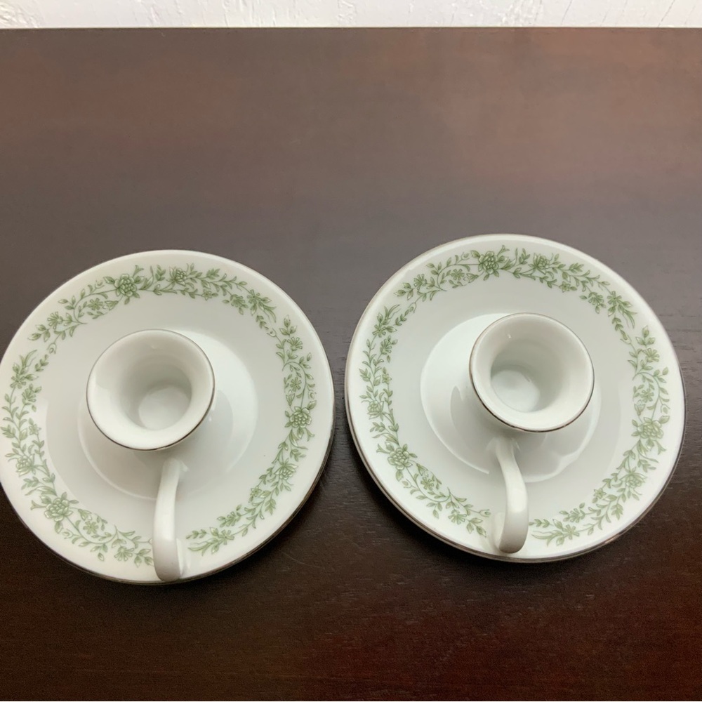 Vintage Mikasa Montclair Taper Candlestick Holders Finger Loop Green Floral - Picture 5 of 8